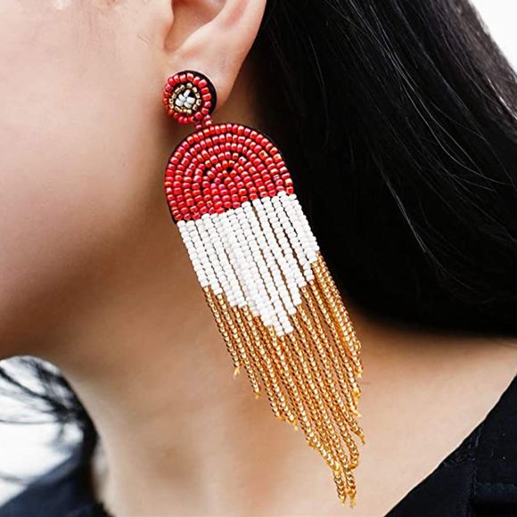 4.5" Modern Art Deco Oversized Post Earrings Red White Gold New Beaded - Picture 3 of 9